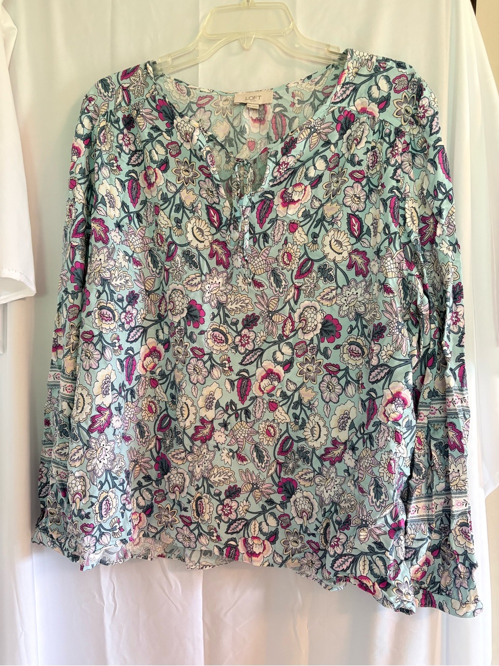 LOFT Mint Floral Split-Neck Long Sleeve Blouse with Pink Accents